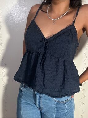 Hollister Navy Eyelet Peplum Tank with Adjustable Straps